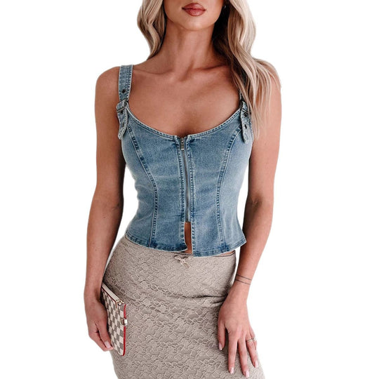 Damen Denim-Corsage mit Reißverschluss und verstellbaren Trägern Heidi-Mode