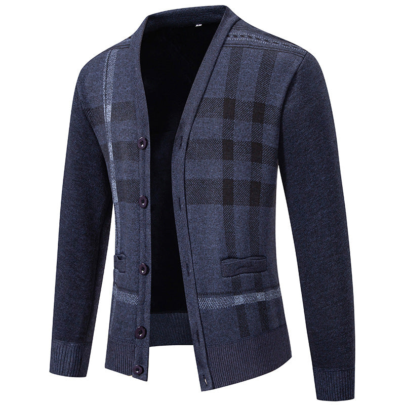 Herren stilvolle Strickjacke mit modernem Karomuster und praktischen Taschen Heidi-Mode