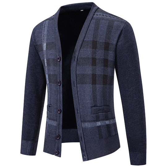 Herren stilvolle Strickjacke mit modernem Karomuster und praktischen Taschen Heidi-Mode