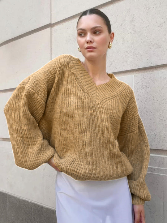Damen V-Ausschnitt Strickpullover mit voluminösen Ärmeln und strukturierter Oberfläche Heidi-Mode