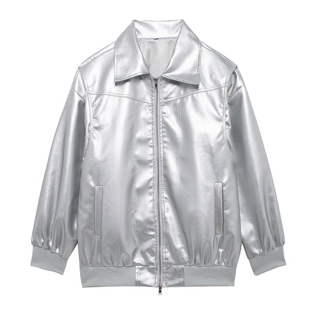 Damen Kunstlederjacke mit elastischen Bündchen und hochschließendem Kragen Heidi-Mode