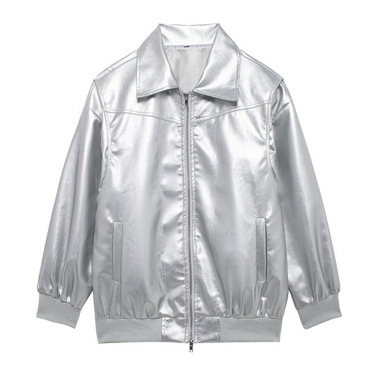 Damen Kunstlederjacke mit elastischen Bündchen und hochschließendem Kragen Heidi-Mode