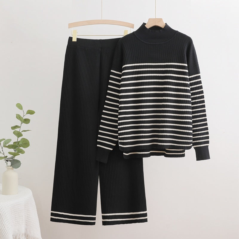 Damen gemütliches Strick-Loungewear-Set mit quer gestreiften Details Heidi-Mode