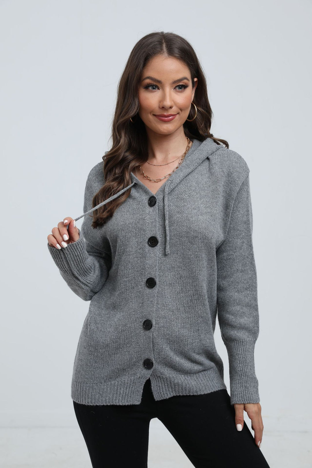 Damen lässige Strickjacke mit Kapuze und Knopfverschluss Heidi-Mode