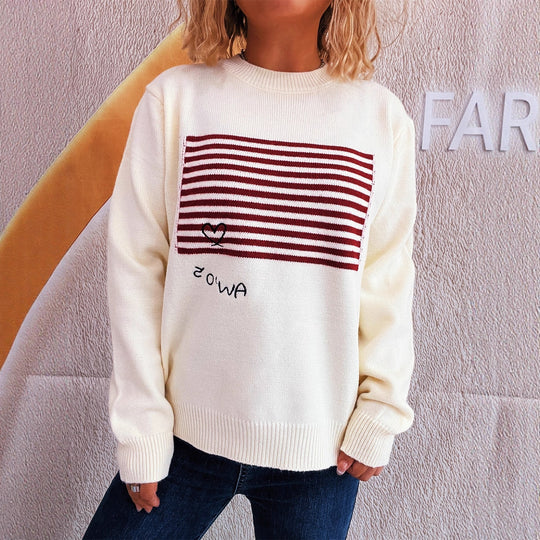 Damen lässiger Pullover mit gestreiftem Design und Herzapplikation Heidi-Mode