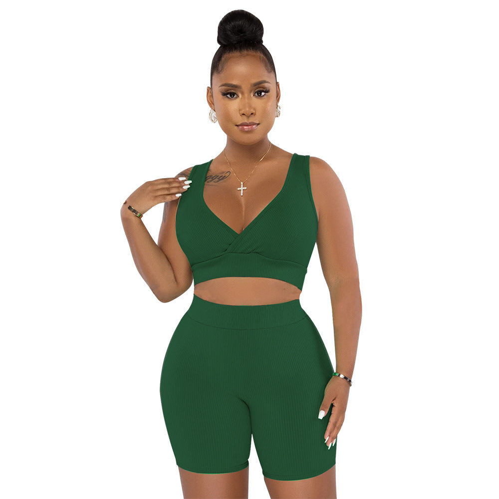 Damen Sportliches Set aus Cropped Oberteil und Radlerhosen mit Rippstruktur Heidi-Mode