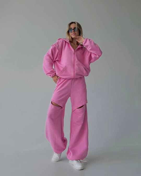 Damen modisches Sport-Lounge-Set mit künstlerischen Cut-Outs und übergroßem Hoodie Heidi-Mode