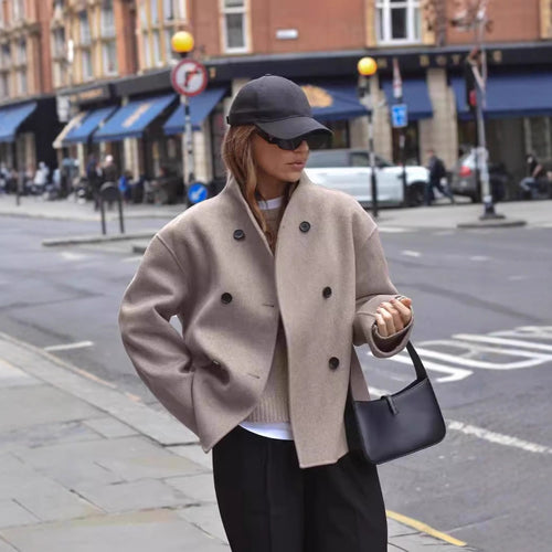 Damen modische Wolljacke mit doppelter Knopfleiste und hohen Kragen Heidi-Mode