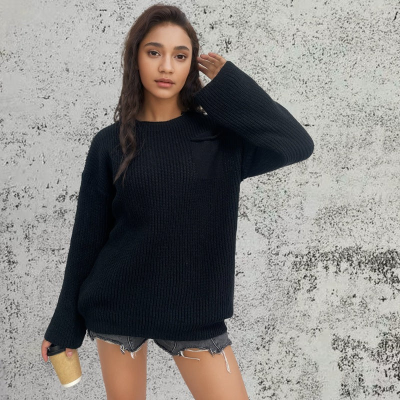 Damen Grob gestrickter Pullover mit lässigem Schnitt und praktischer Tasche Heidi-Mode