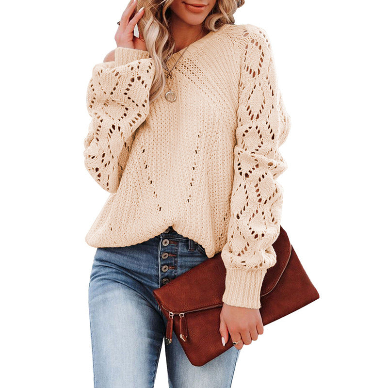 Damen Strickpullover mit romantischem Häkelmuster und voluminösen Ärmeln Heidi-Mode