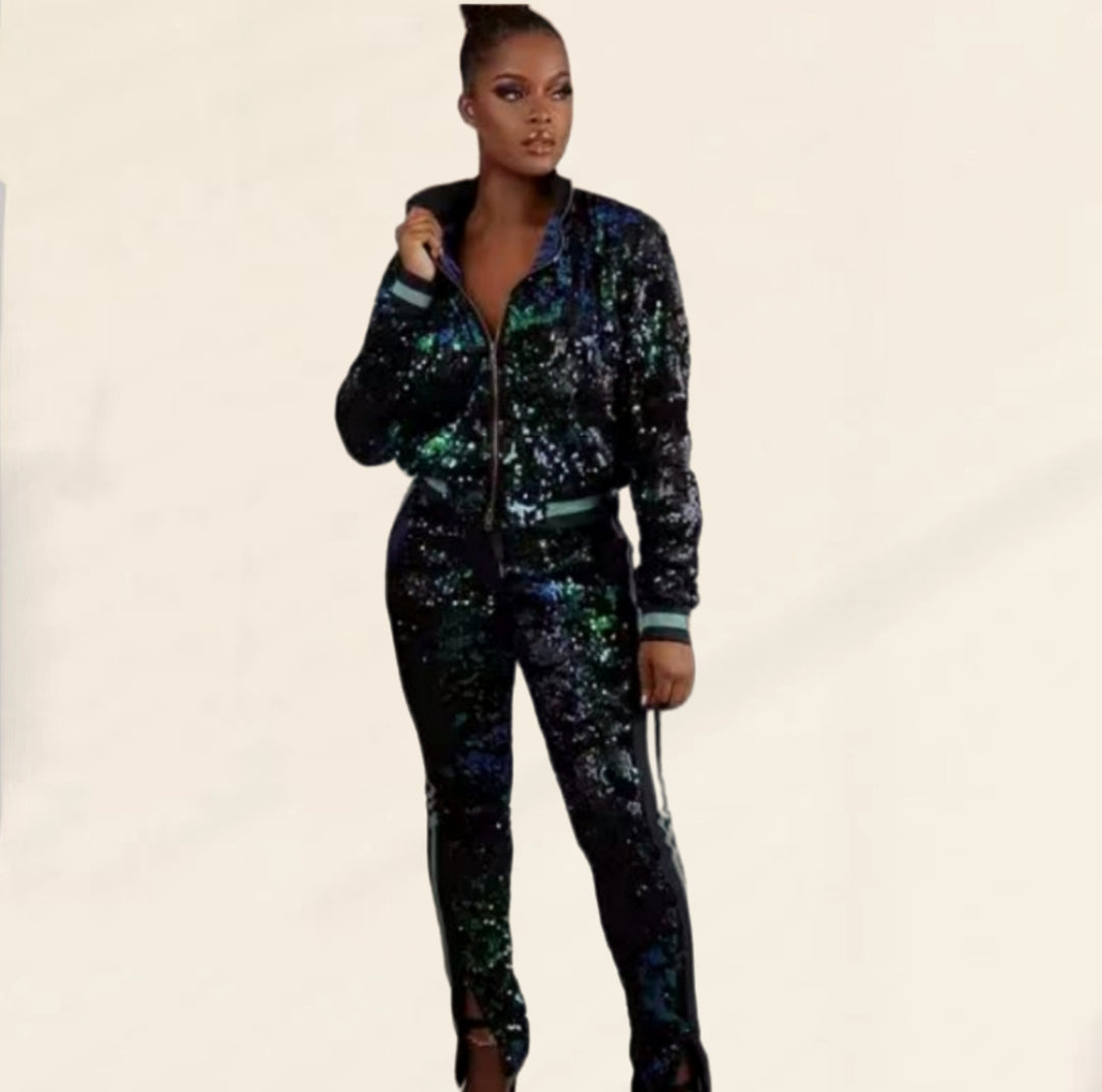 Damen Glitzerndes Sportanzug-Set mit trendigen Streifen Heidi-Mode