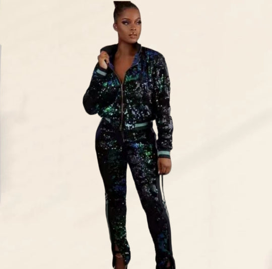 Damen Glitzerndes Sportanzug-Set mit trendigen Streifen Heidi-Mode