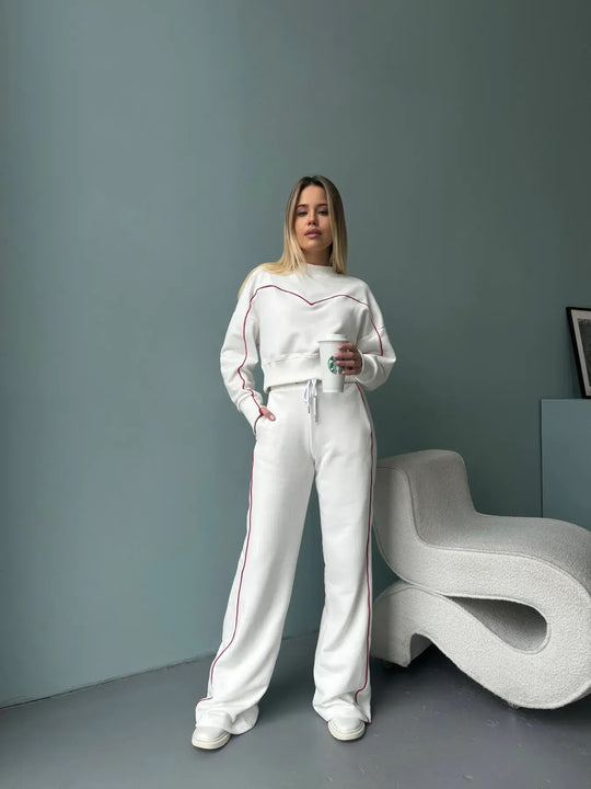 Damen lässiges Fleece-Set mit gemütlichem cropped Oberteil und weiten Hosen Heidi-Mode