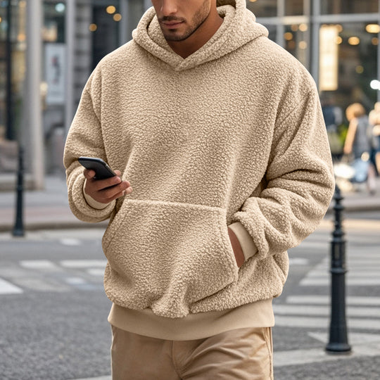 Herren Hoodie aus kuscheligem Teddy-Fleece mit Kängurutasche und breiten Bündchen Heidi-Mode