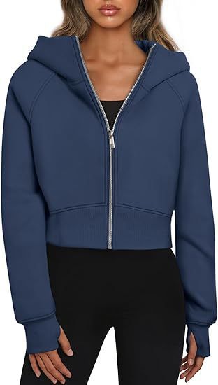 Damen cropped Kapuzenpullover mit Reißverschluss und elastischem Bund Heidi-Mode