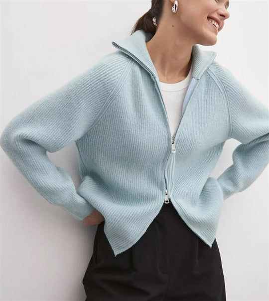 Damen Strickjacke mit hohem Kragen und Reißverschluss Heidi-Mode