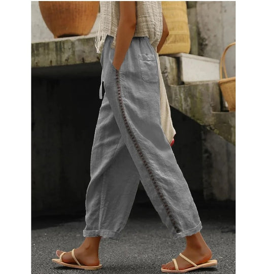 Damen Leichte Leinenhose mit seitlichen Knopfdetails Heidi-Mode