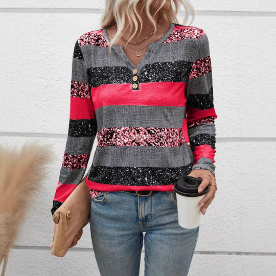 Damen Langarmshirt mit schimmernden Streifen und Knopfdetails Heidi-Mode