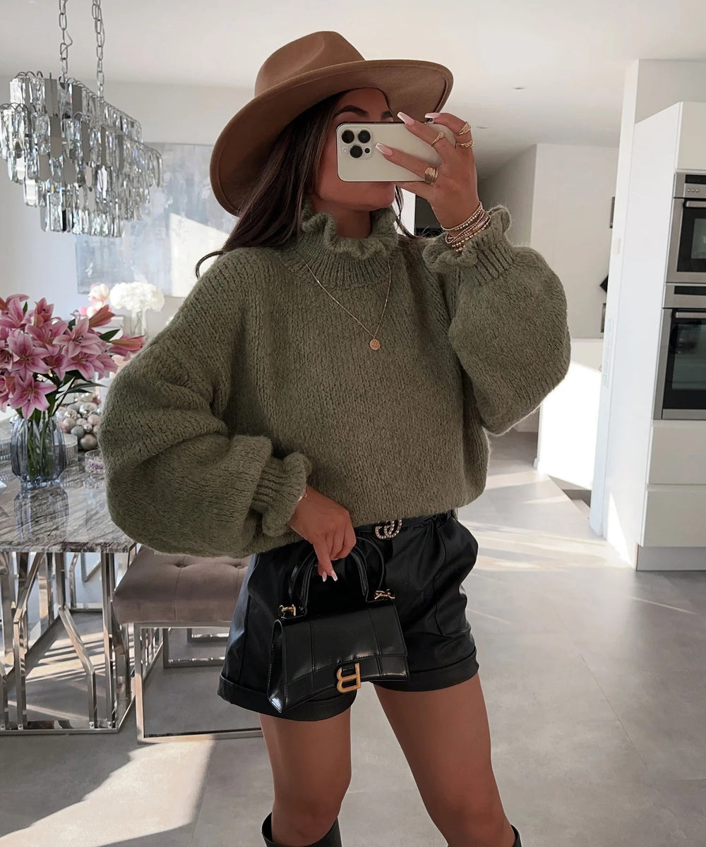 Damen kuscheliger Rollkragenpullover mit weiten Ärmeln und strukturellem Design Heidi-Mode