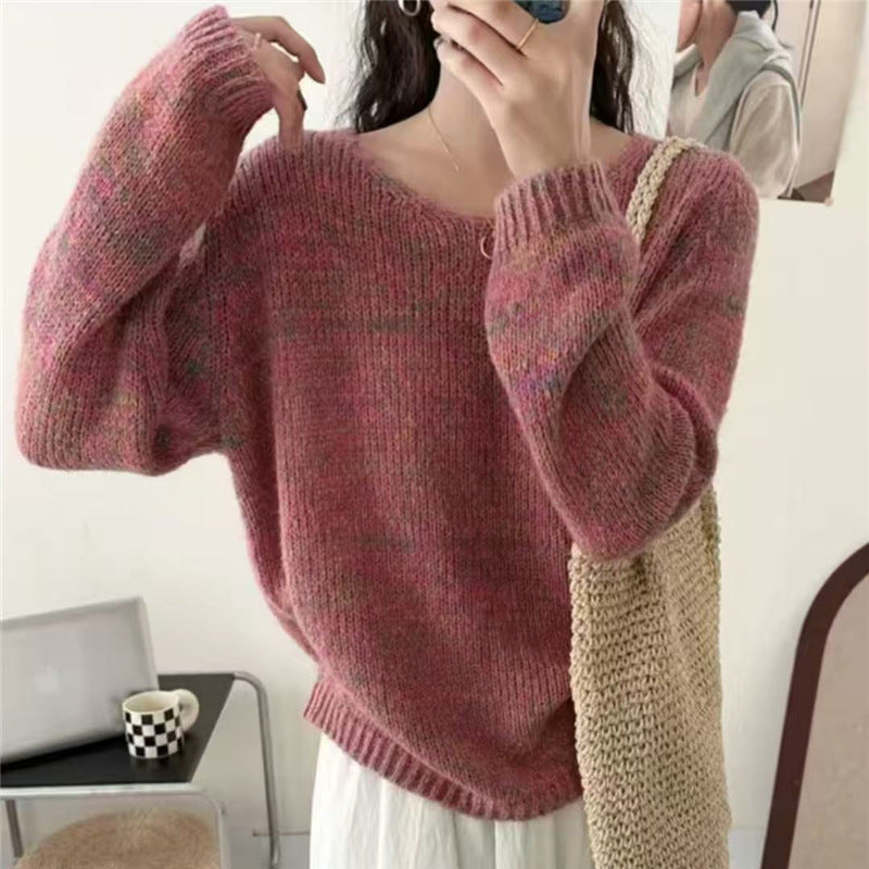 Damen leichter Strickpullover mit V-Ausschnitt und voluminösen Ärmeln Heidi-Mode