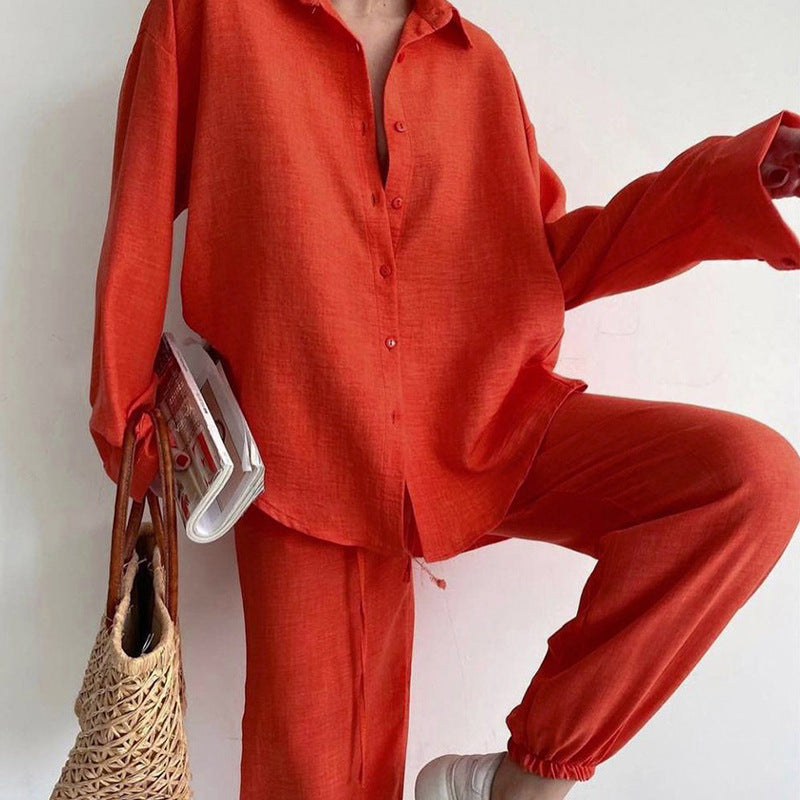Damen lässiges Leinen Ensemble mit elegantem Hemd und weiter Hose Heidi-Mode