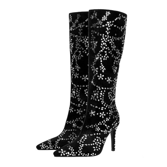 Femme Verziehrte Wildleder Spitz-Zeh Stiletto Kniehohe Stiefel Heidi-Mode