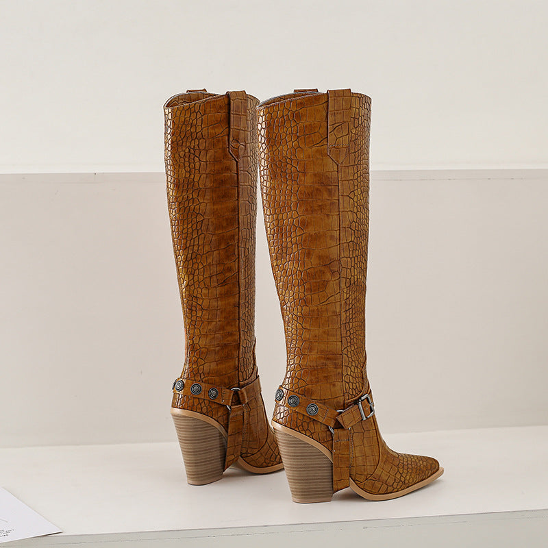 Damen kniehohe Stiefel mit Krokodilprägung und Blockabsatz Heidi-Mode