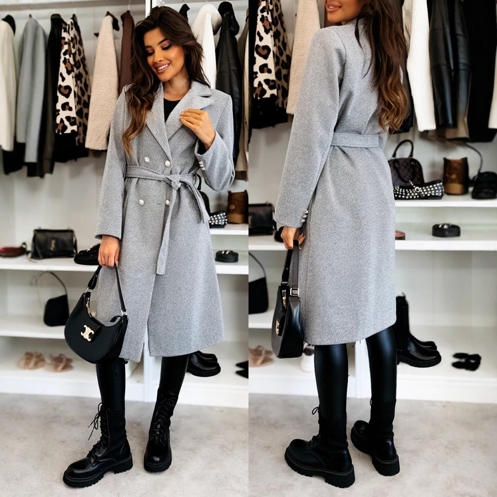Damen eleganter Mantel mit Taillengürtel und doppelter Knopfblende Heidi-Mode