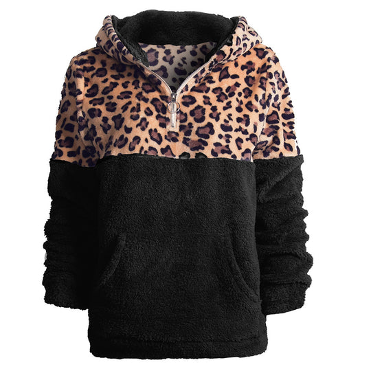 Damen kuscheliger Kapuzenpullover mit aufregendem Leopardenmuster und Kängurutasche Heidi-Mode