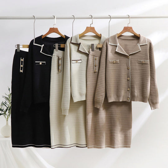Damen elegantes Strickensemble mit dekorativem Kragen und aufgesetzten Taschen Heidi-Mode