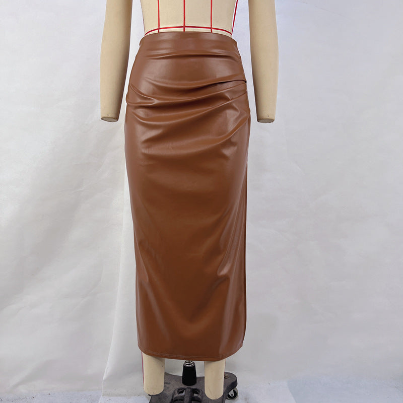 Damen Kunstleder Maxirock mit drapiertem Design und bequemem Saum Heidi-Mode
