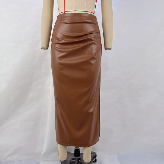 Damen Kunstleder Maxirock mit drapiertem Design und bequemem Saum Heidi-Mode