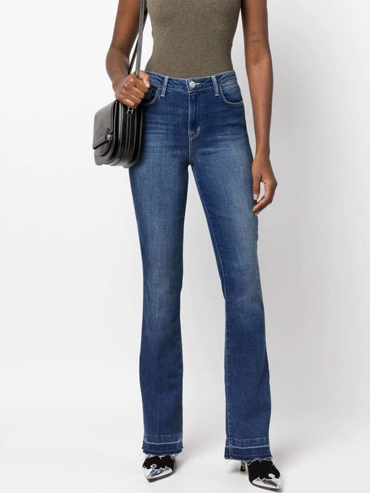 Damen Bootcut Jeans im legeren Design mit fransigem Saum und hohem Taillenbund Heidi-Mode