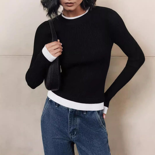 Damen figurbetontes Strickoberteil mit kontrastierenden Bündchen Heidi-Mode