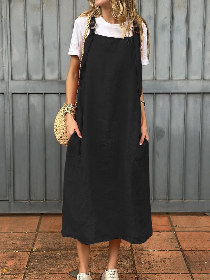 Damen Lässiges Leinen-Latzkleid mit praktischen Seitentaschen und verstellbaren Trägern Heidi-Mode