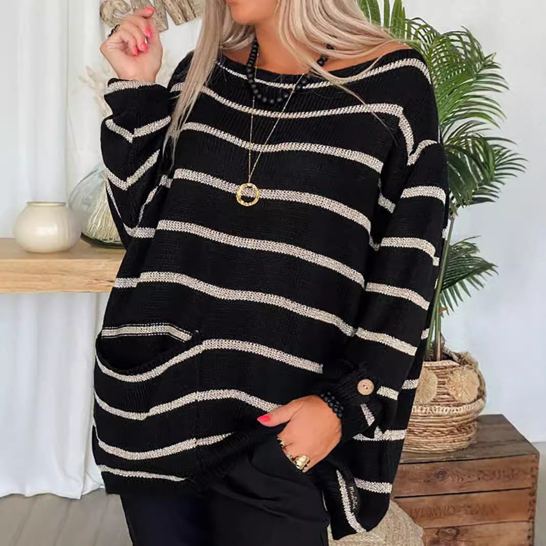 Damen lässiger Strickpullover mit elegantem Streifenmuster und praktischer Brusttasche Heidi-Mode
