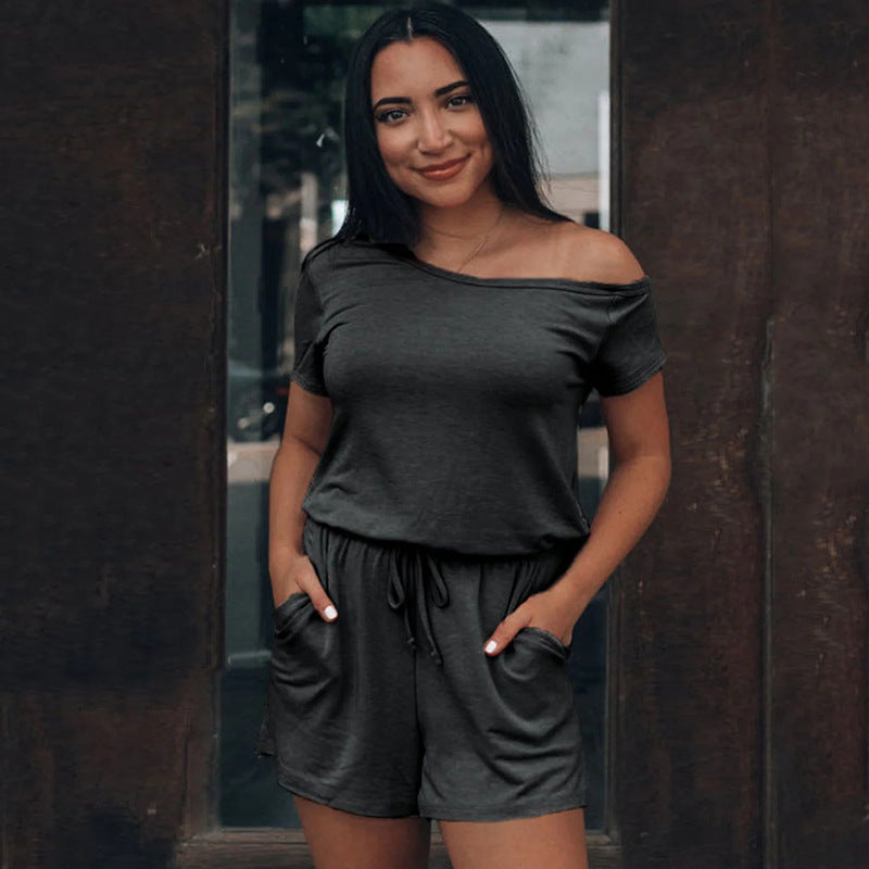 Damen lässiges Kurzoverall-Set mit elastischem Taillenzug und seitlichen Taschen Heidi-Mode