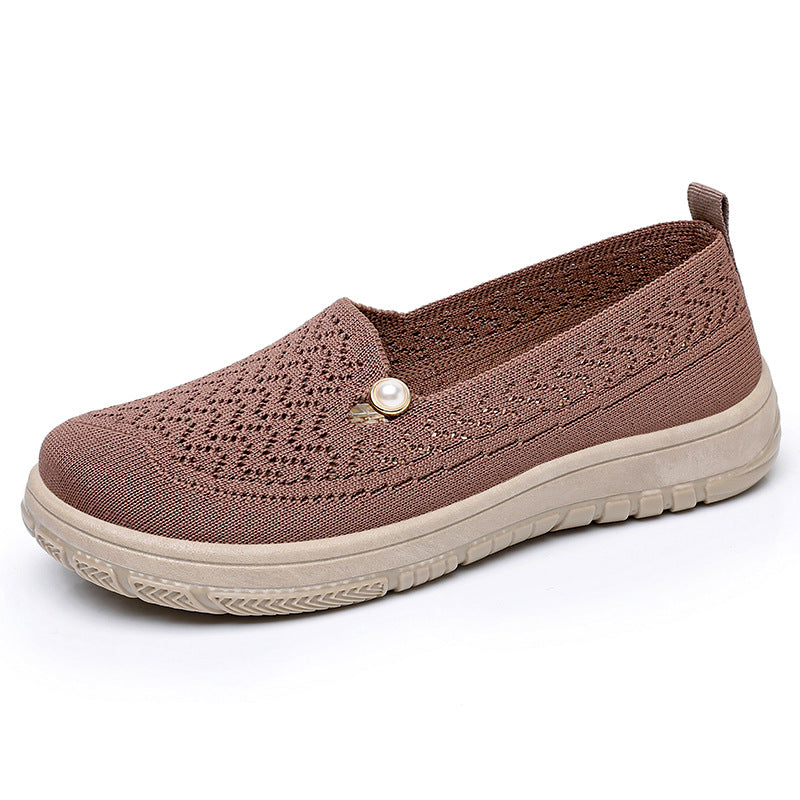 Damen Slip-On Freizeit Schuhe mit eleganter Strickoberfläche und Perlenschmuck Heidi Mode