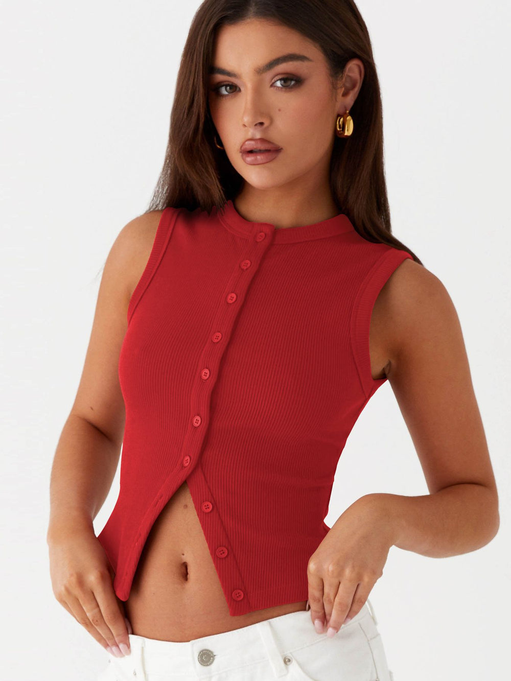 Damen ärmelloses Knopfschalenshirt aus Rippenstoff mit modernem Schnitt Heidi-Mode