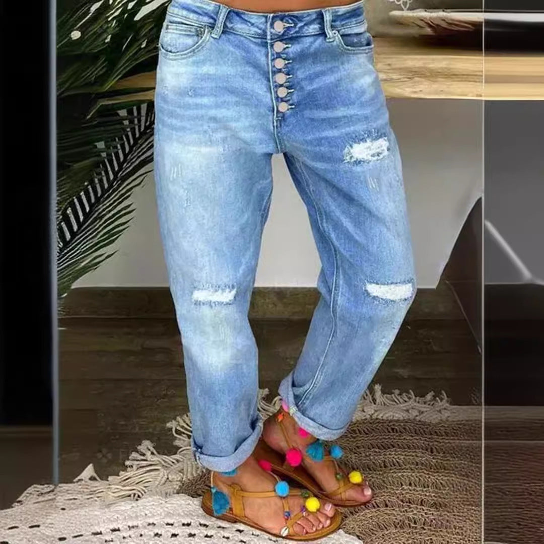 Damen Boyfriend Jeans mit Knopfleiste und distressed Effekten Heidi-Mode