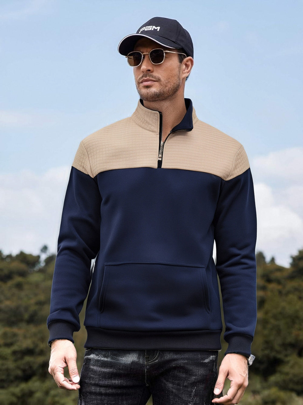 Herren funktionale Sweatjacke mit hochschließendem Kragen und praktischer Kängurutasche Heidi-Mode