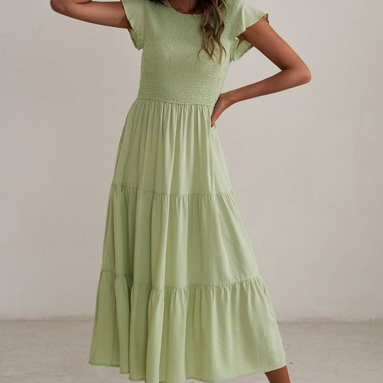 Damen Maxikleid mit voluminösen Rüschen und elastischem Rücken Heidi-Mode