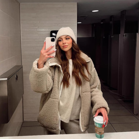 Damen oversized Fleecejacke mit hochschließendem Kragen und praktischen Taschen Heidi-Mode