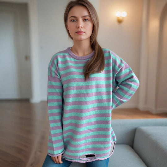 Damen lässiger Oversize-Pullover mit breiten Streifen Heidi-Mode