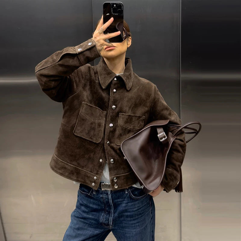 Damen Modische Wildlederjacke mit seitlichen Taschen Heidi-Mode