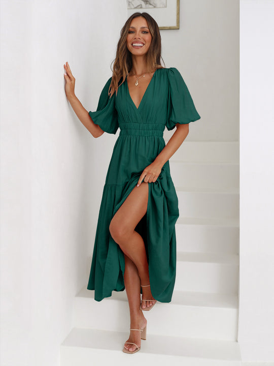 Damen Maxikleid mit voluminösen Puffärmeln und tiefer V-Ausschnittgestaltung Heidi-Mode