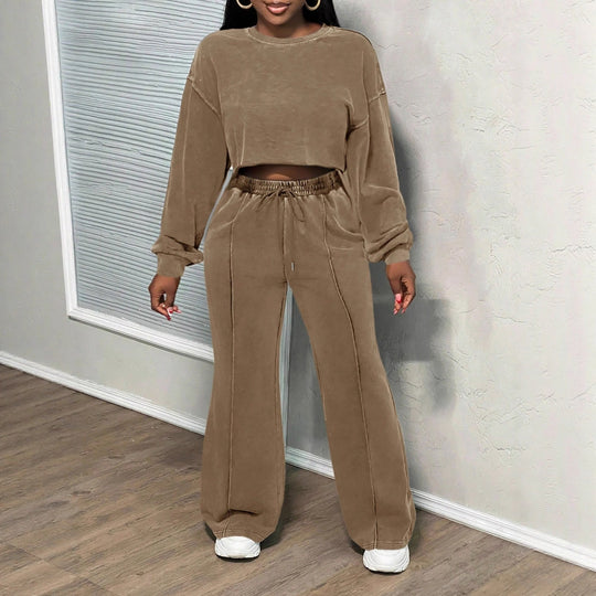 Damen lässiges cropped Lounge-Set mit weitem Hosen und praktischem Kordelzug Heidi-Mode