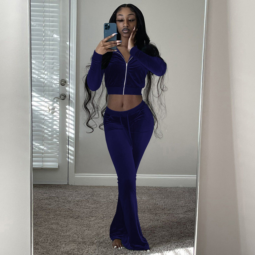 Damen Komfortables Lounge-Set aus weichem Veloursstoff mit Zip-Oberteil und weitem Bein Heidi-Mode