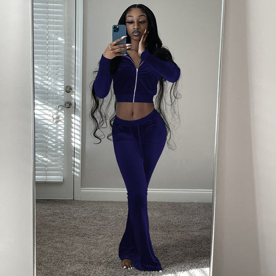 Damen Komfortables Lounge-Set aus weichem Veloursstoff mit Zip-Oberteil und weitem Bein Heidi-Mode