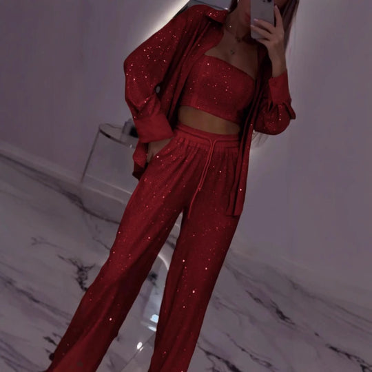 Damen Glitzerndes Lounge-Set mit modischer Jacke und komfortabler Hose Heidi-Mode